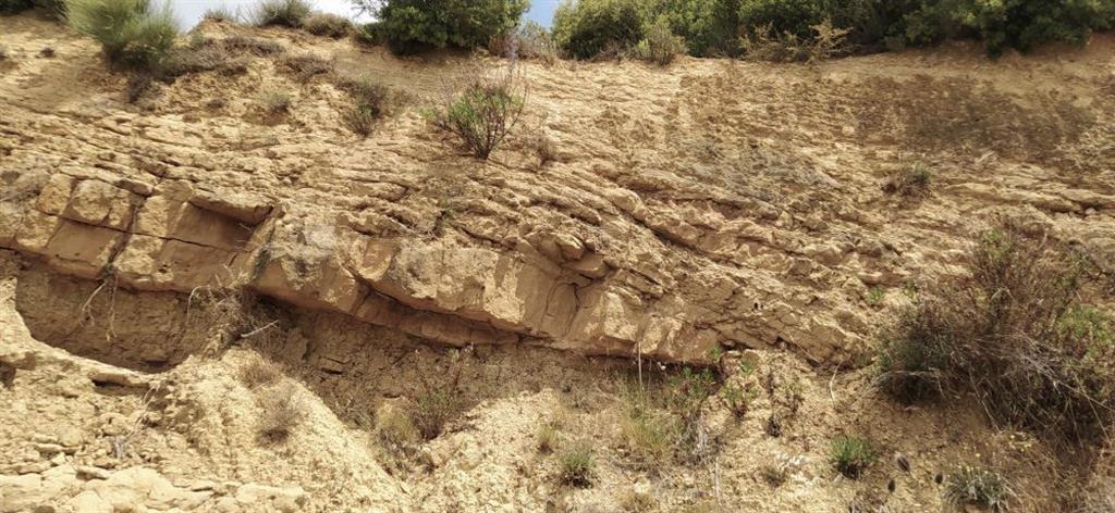 Vista ampliada de la Formación Areniscas de Leoz, formada por una alternancia de areniscas, limolitas y lutitas. Se observa un nivel decimétrico de arenisca sobre la que se desarrollan otros niveles amalgamados de arenisca de menor espesor. El nivel de arenisca muestra una base erosiva más o menos ondulada y cóncava.