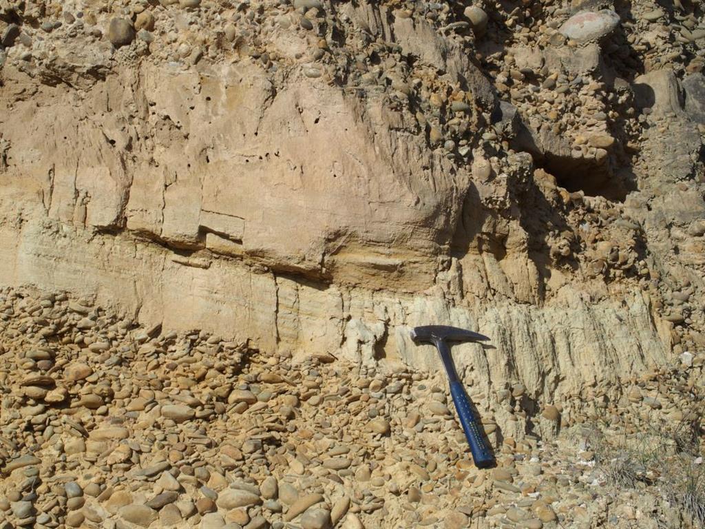 Detalle de cuerpo arenoso de base cóncava incluido en la capa granular de conglomerados.