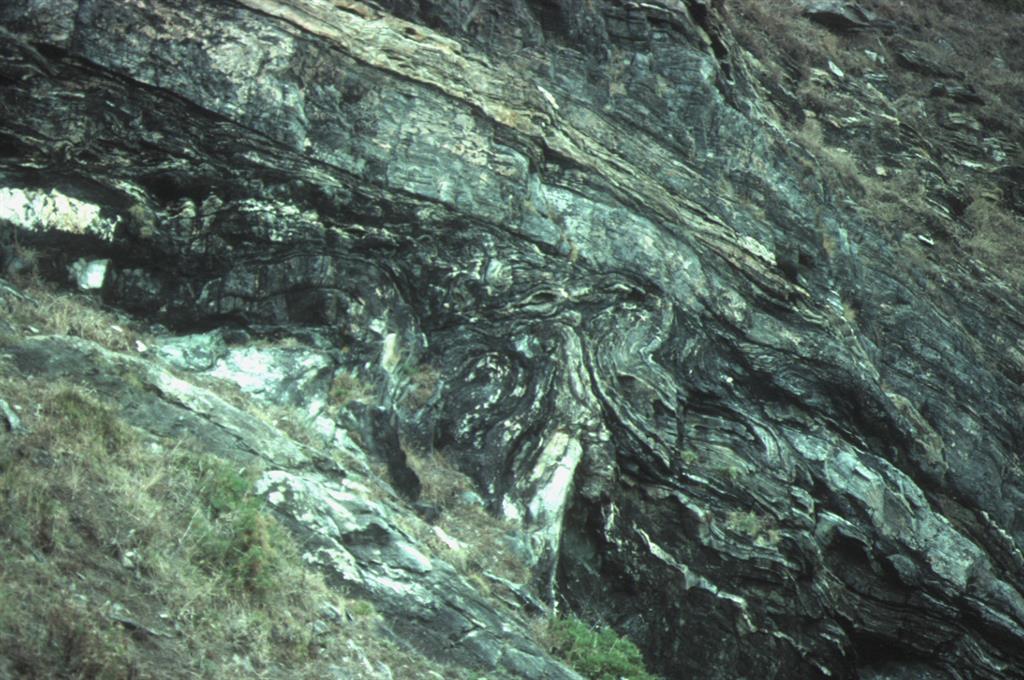 Detalle límite superior de cizalla de Carreiro en la Punta Folgoso, mostrando la unidad alóctona de Cedeira, limitada por una superficie neta inclinada unos 30º a la derecha (este), debajo de la cual se observan pliegues plegados de la zona de cizalla