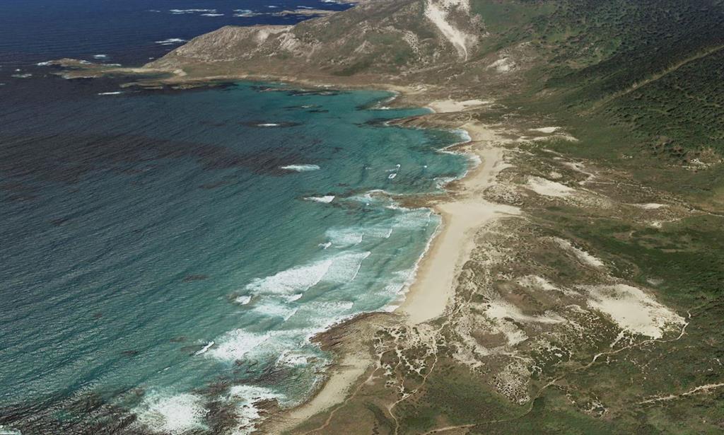 Vista aérea del sistema dunar de la playa do Trece. © 2017 Google, data SIO, NOAA, U.S. Navy, NGA, GEBCO