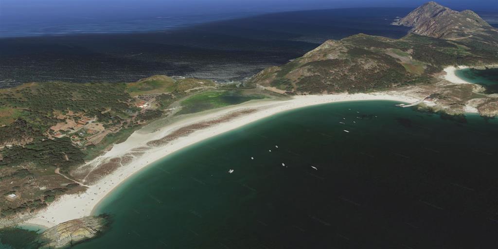 Vista aérea playa-duna-laguna das Rodas. © 2020 Google Earth