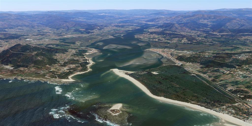Vista aérea del estuario y la desembocadura del Miño. © 2020 Google Earth