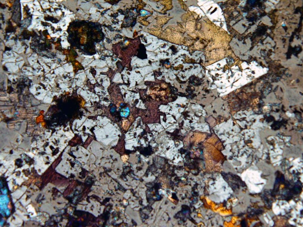 Aspecto textural de vulcanita lamproítica. con cristales de richterita con hábitos intersticiales y cristales poiquilíticos de sanidina. (NCx4). Localidad, Cerro de Salmerón. (Muestra 17142-ILM)
