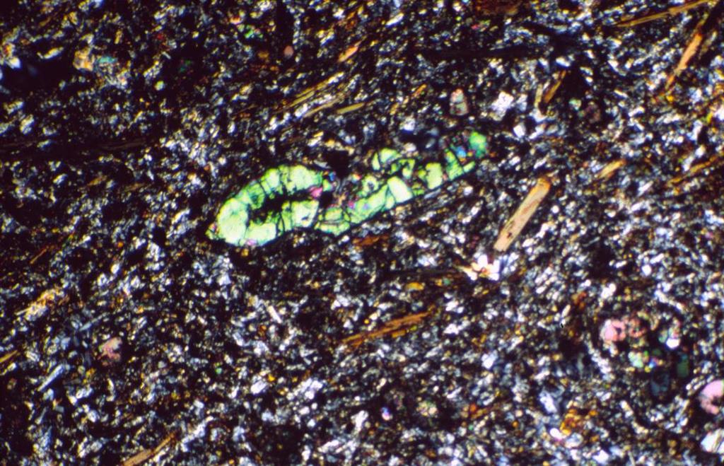 Fenocristal de olivino y cristales de flogopita en matriz de sanidina y clinopiroxeno; vulcanita lamproítica. (NCx2.5). Localidad, Cerro de Salmerón. (Muestra 106010-DP)