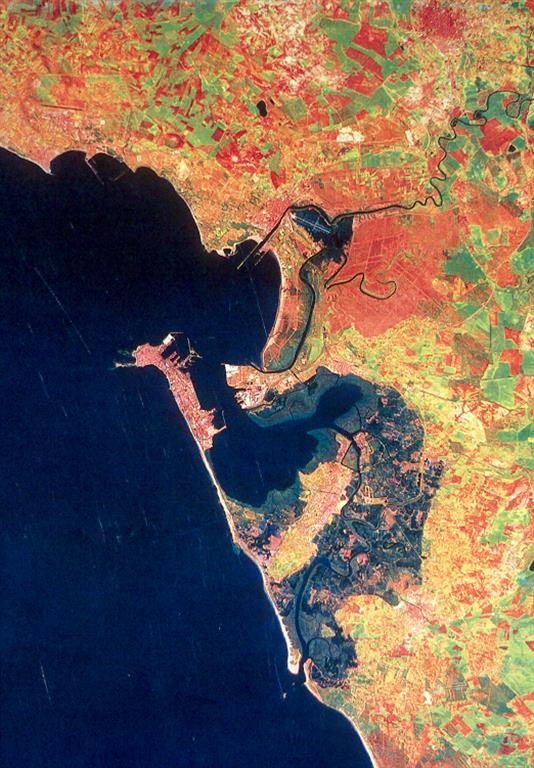 Imagen de satélite con falso color de la Bahía de Cádiz. Se observan en colores oscuros las zonas ocupadas por marismas y humedales costeros, y en colores claros los cordones arenosos que las encierran.