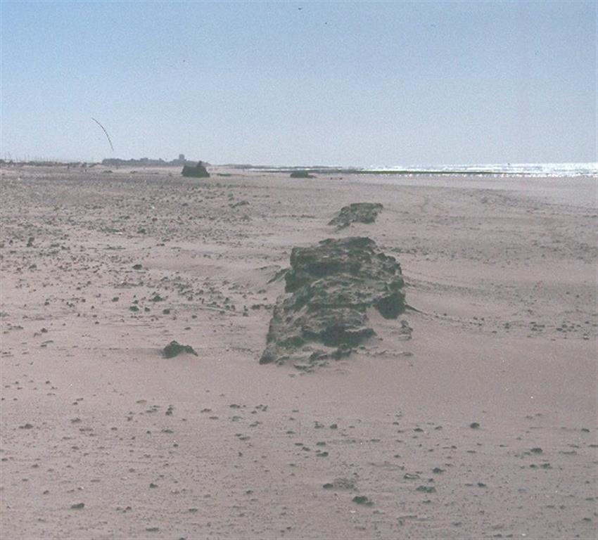Restos de calzada romana que unía templo de Hércules con Gañir (Cádiz). La calzada se ubicaba detrás del cordón dunar de playa Santibáñez. Actualmente los restos aparecen en zona intermareal, reflejando retroceso costero mayor de 300 metros en 2000 años