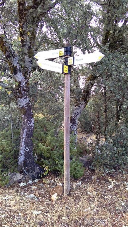 Señalización del acceso al mirador de la Laguna Grande de El Tobar en la carretera de Masegosa a Beteta (CM-2201). Fecha 14-9-2016.