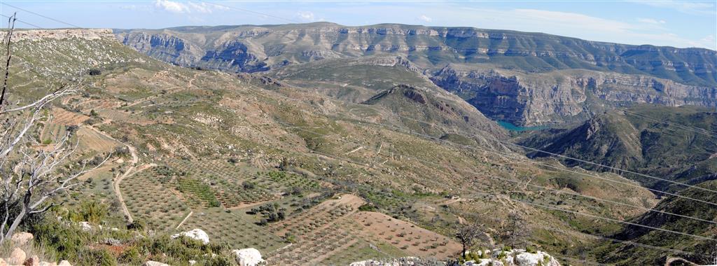 Panorámica hacia el sur del Cañón del Júcar y, al fondo, la muela de Cortés, desde el puerto del Oro. (PK 1 de la CV-428)