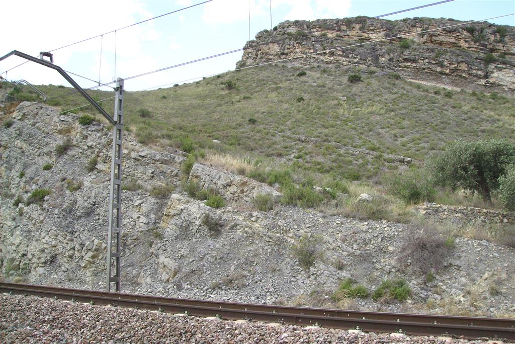 Fin de la sección Toarciense-Aaleniense en la trinchera del ferrocarril de Ricla (sección del Juncal). Los escarpes de la parte superior corresponden al Jurásico Medio (Fm. Chelva).