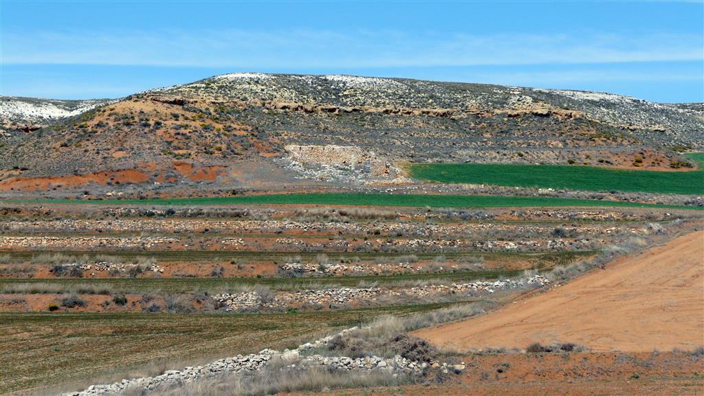 Detalle de Lomas Casares (desde el Este y el Sur, desde el Barranco del Agüica) incluidas las unidades carbonatadas fosilíferas del Alfambriense.