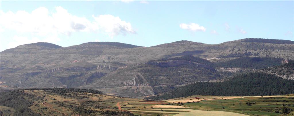 Detalle de la ladera sur del cluse y pliegue en rodilla del Barranco del Carrascal, desde la falda sur de la Muela de Monchén, cerca del Mas del Hostalejo (715.652, 4.491.031).