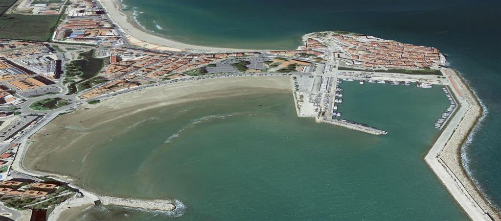 Vista aérea del tómbolo de Peñíscola. © 2020 Google, TerraMetrics, data SIO, NOAA, U.S. Navy, NGA, GEBCO