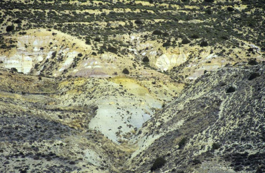 Vista general del barranco de la zona este. Se distinguen bien los materiales margosos, grises de la Zona Aalensis y los más calcáreos, amarillos, de la Zona Opalinum. Por encima se sitúan las arenas versicolores del Cretácico