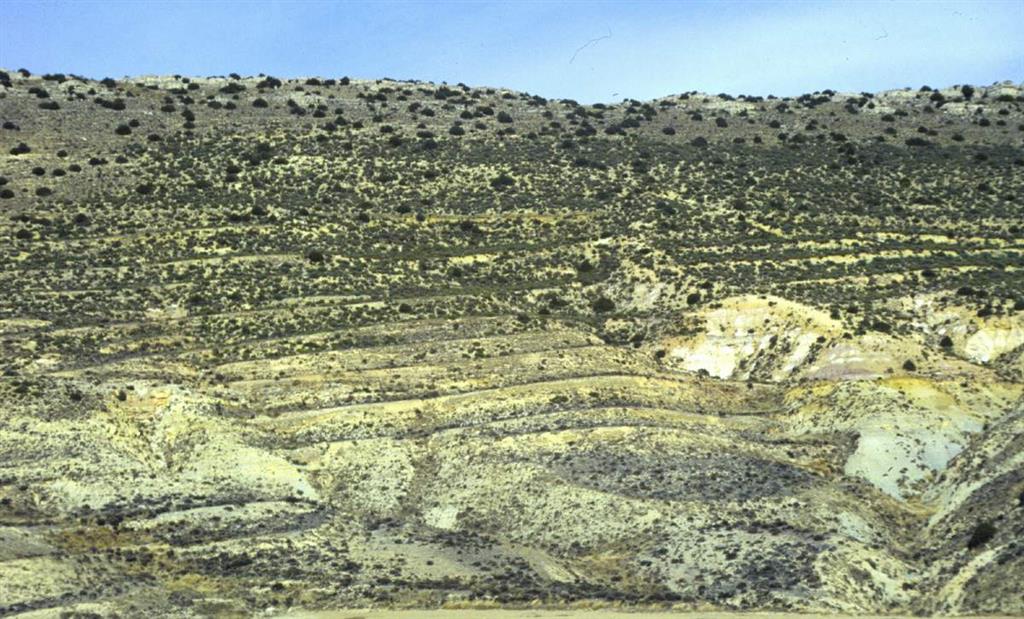 Vista general de toda la Sección de Fuentelsaz. Se distinguen el barranco de la zona este y los barrancos de la zona oeste, que excavan los materiales del Jurásico Medio e Inferior. Por encima se observan los materiales del Cretácico discordantes