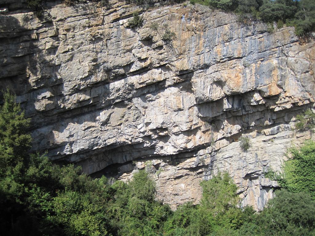Las paredes de la dolina de la Cueva son muy verticales. En ellas se observa perfectamente el buzamiento de los estratos hacia el sur