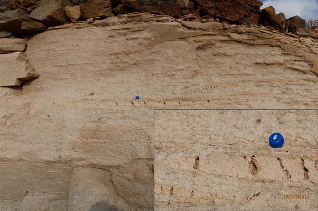 Flama fragmentada en la Ignimbrita soldada E de Schmincke (1990). Barranco de Medio Almud. Y detalle