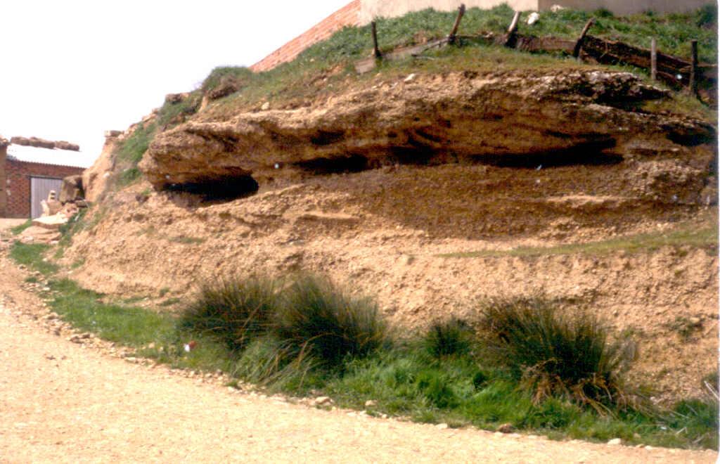 Terraza baja T7 (+ 25,35 m.) colgada sobre el curso del Valdavia. Cementación diferencial de los depósitos y estructuras fluviales de barras de gravas ("braided") en Castrillo de Villavega.