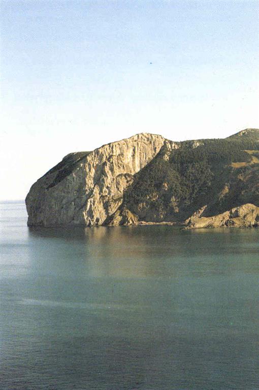 Cabo de Ogoño desde las cercanías de Laga. La fotografía permite apreciar la diferencia de litologías entre el cabo y el entorno. (Foto: Diputación Foral de Vizcaya - LURGINTZA)