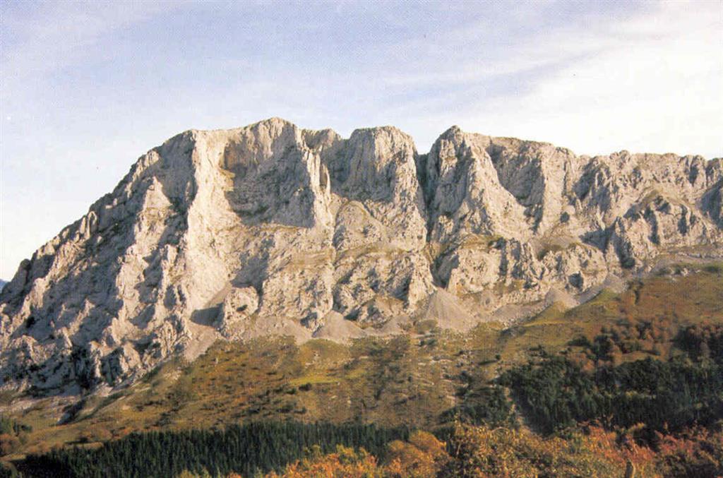 Monte Alluiz, mostrando sus aristas características y los canchales, formando conos de derrubios al pie de las laderas. La falla Mugarra-Anboto discurre por debajo de ellos. (Foto: Diputación Foral de Vizcaya - LURGINTZA)