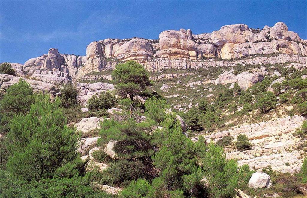 La Sierra del Montsant, otro relieve conglomerático "Montserratino", se alza sobre el paleozoico del Priorato y sobre la Depresión del Ebro. (Foto: ENRESA-R. Nuche del Rivero)