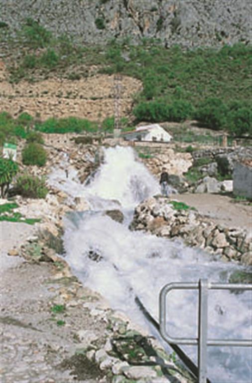 Los recursos hídricos  del acuífero kárstico de Sierra Gorda, superan los 100 hectómetros cúbicos anuales, una buena parte de los cuáles aflora en superficie a través de manantiales como el de Guaro. (Foto: ENRESA-J. Linares Girela).