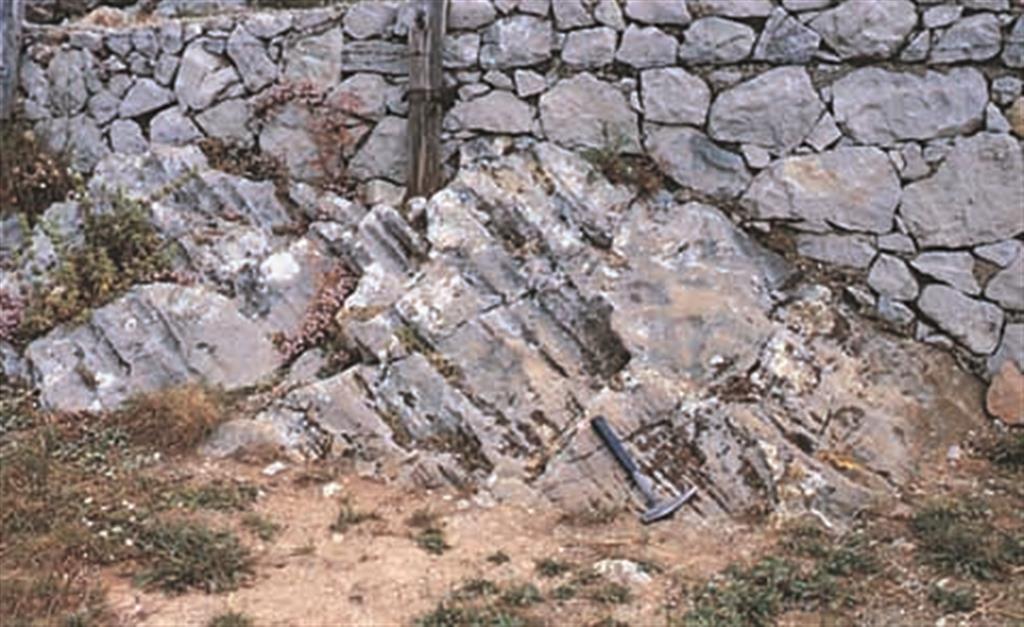 Formas  subperpendiculares a la estratificación, surcos y acanaladuras. Interrumpidas por algunos escalones, encostradas por pátinas ferruginosas y rellenas por sedimentos cretácicos. Son formas de erosión antiguas. (Foto: ENRESA-A. Martín Algarra).