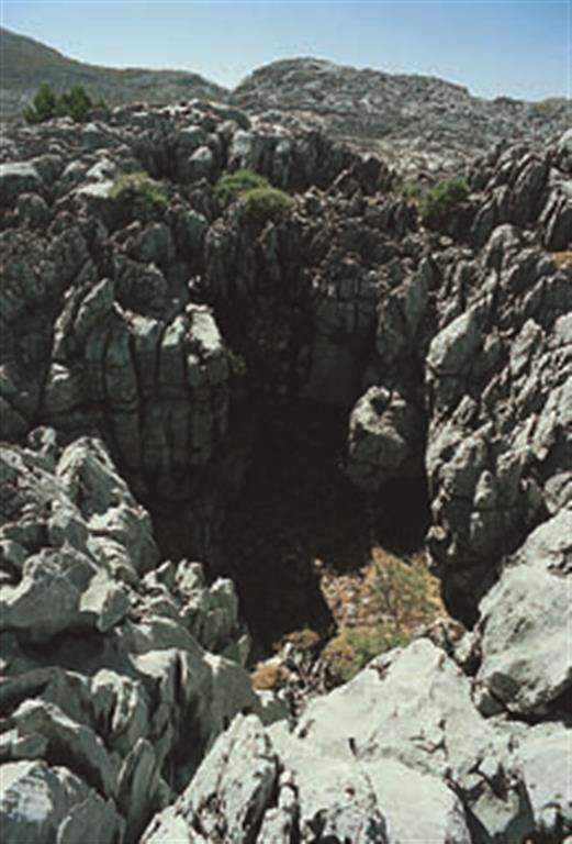 Las dolinas de hundimiento son depresiones naturales que se forman al colapsar el techo de algunas cuevas y oquedades kársticas. Son frecuentes en las sierras de Grazalema. (Foto: ENRESA-J. Rodríguez Vidal).