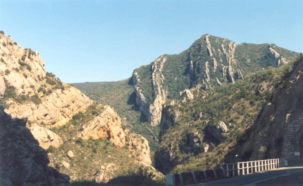 Imagen del sinclinal de Las Fajetas, tomada desde la carretera de Barbastro a Graus, mirando hacia el este. Nótese la vergencia hacia el oeste y la inmersión hacia el punto de toma de la fotografía.