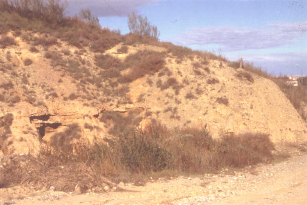 En este punto se puede observar  la relación lateral entre un depósito de terraza del Río Cinca y los materiales detríticos del Oligoceno.