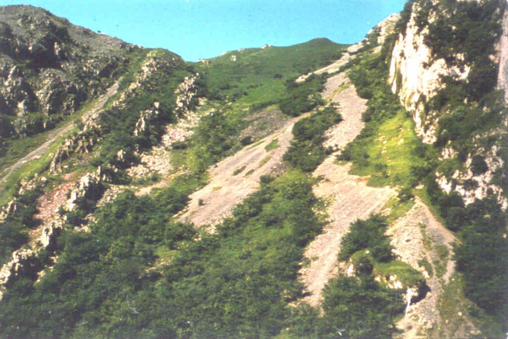 Frente del cabalgamiento en la ladera norte del desfiladero y depósitos de ladera (canchadas).Fotografía de 1980