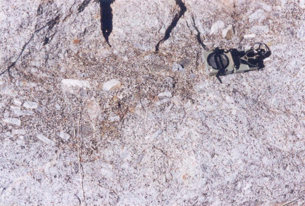 Detalle de las facies de granito inhomogéneo porfídico con abundante cordierita en un "pasillo" N40ºE/45ºNO más biotítico (biotita formando grumos).