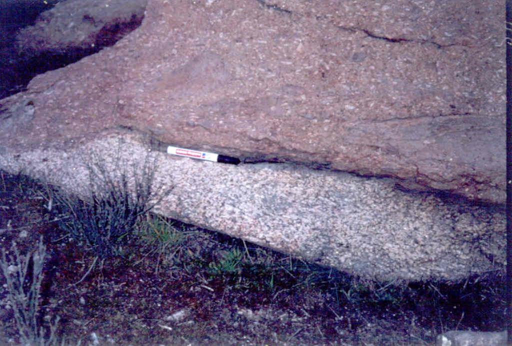 Contacto entre el granito biotítico - moscovítico de grano medio - grueso (abajo) y el granito biotítico - moscovítico de grano medio - fino englobando diversos enclaves.