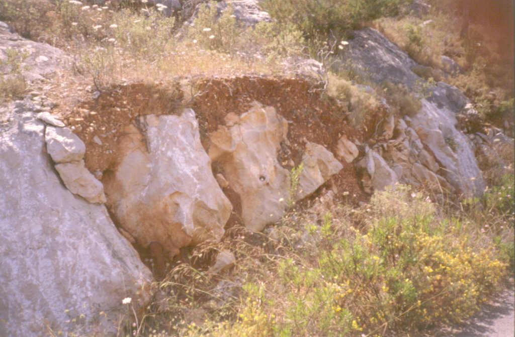Huellas de disolución y carstificación en los materiales carbonatados mesozoicos que conforman el borde del polje de Santa Inés.