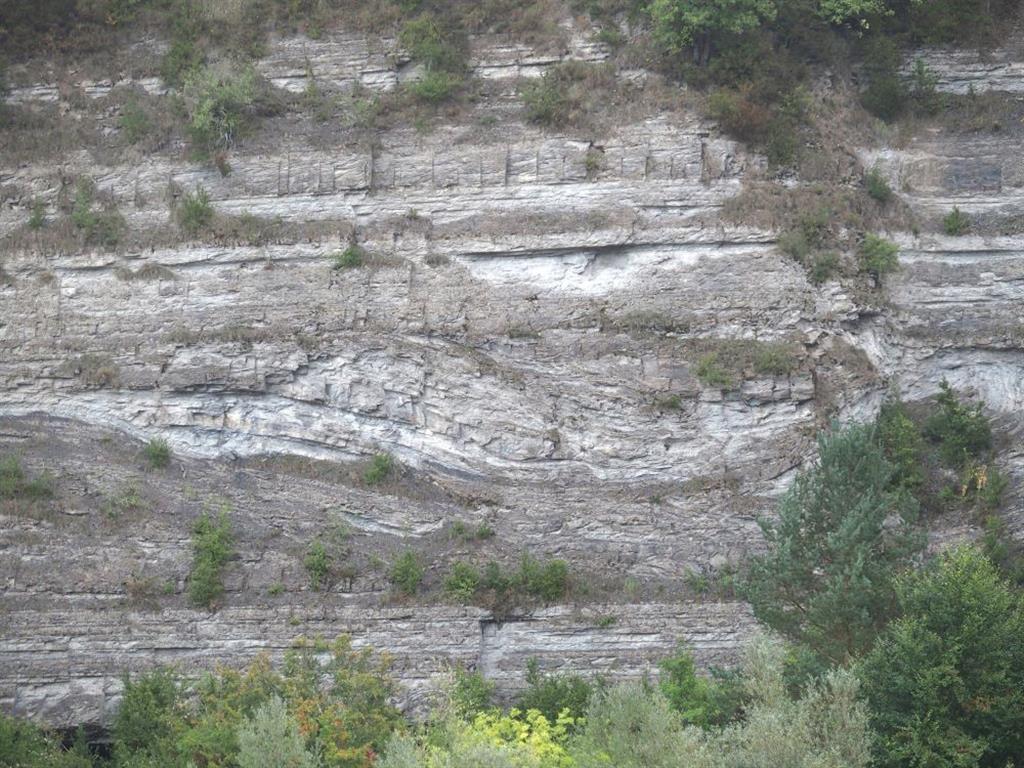 Otro detalle de afloramiento en facies flysch con dos niveles diferenciados, uno superior horizontal y otro inferior intensamente replegado.