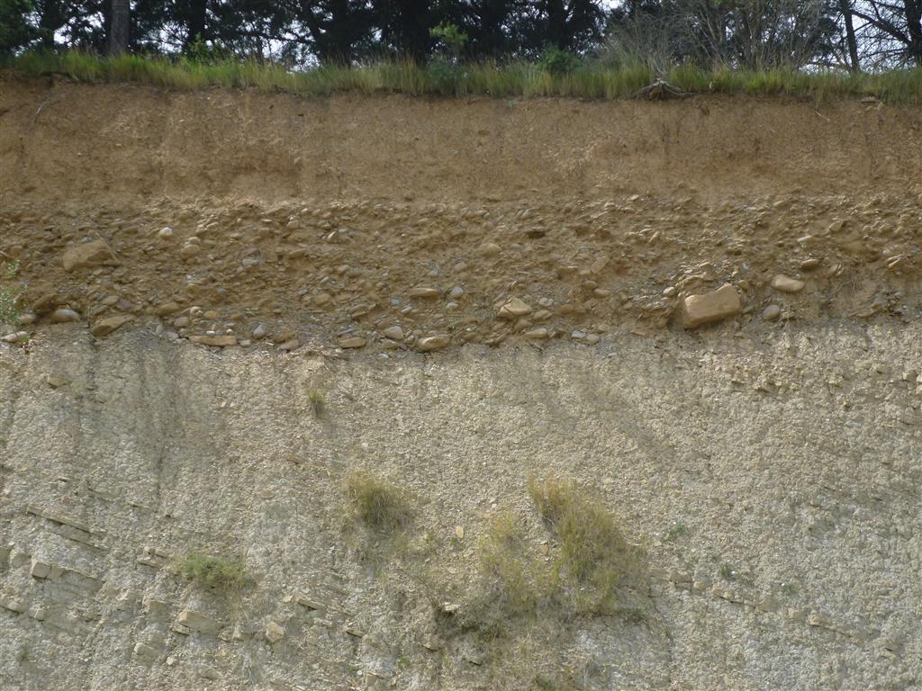 Detalle de la terraza fluvial donde se ve la base canaliforme y neta sobre el sustrato rocoso eoceno y la secuencia granodecreciente del depósito granular.