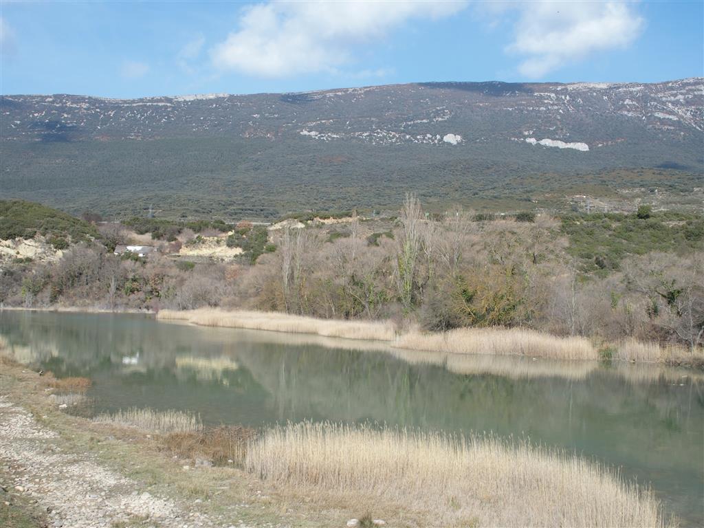 Detalle del cauce del río Aragón y la sierra de Leyre al fondo.