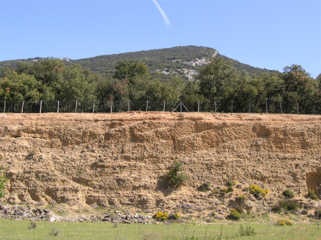 Frente de antigua gravera donde se observa el perfil vertical del depósito granular de glacis.