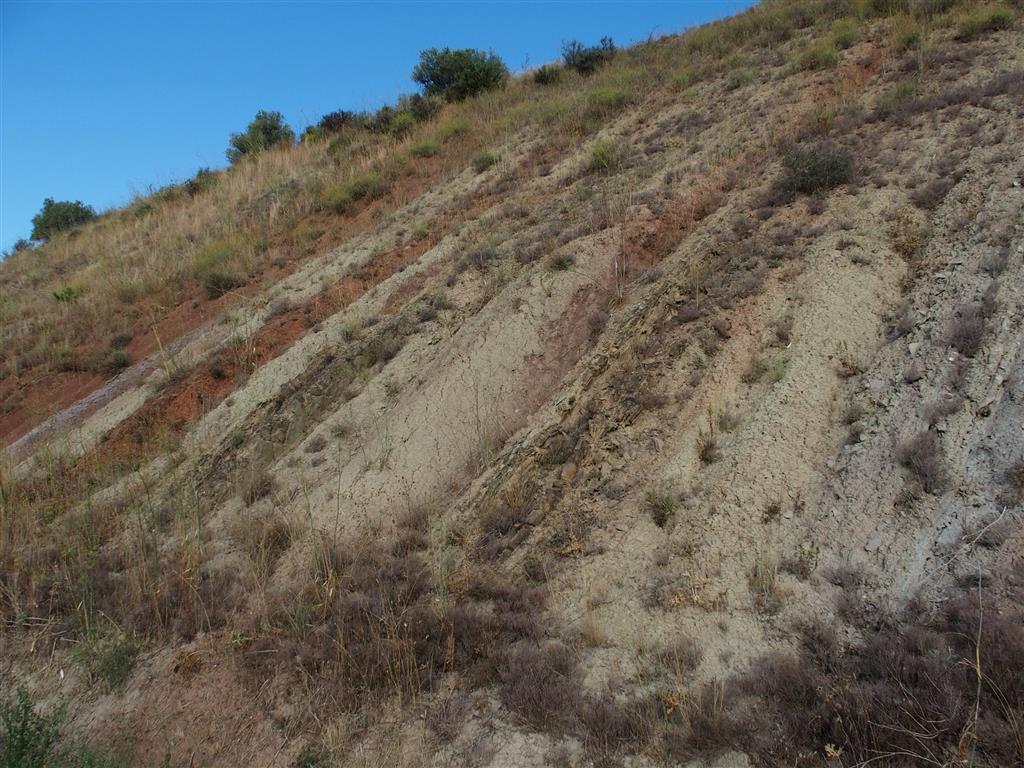 Detalle de la formación detrítica con bastantes acanaladuras debido a la erosión de las aguas de escorrentía.