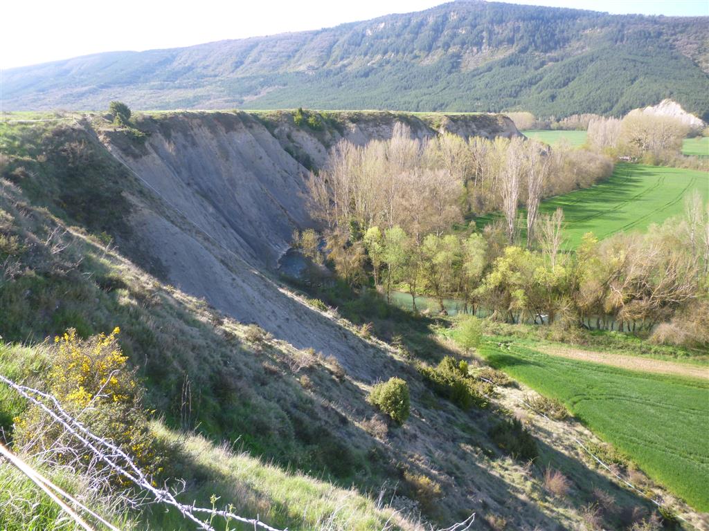 Escarpe fluvial del río Erro antes de su confluencia con el río Irati. Se aprecia la naturaleza margosa del sustrato rocoso.