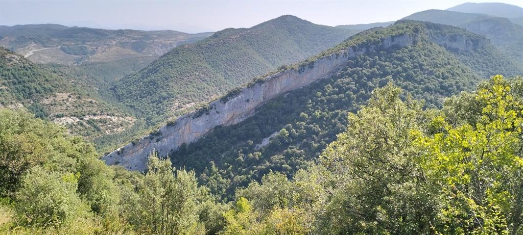 Capas masivas de calizas paleocenas que forman un relieve tipo hogback. La imagen corresponde a la ladera norte de la foz.