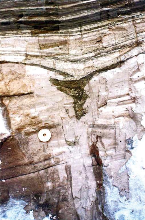 Dique neptúnico en sedimentos turbidíticos, asociado a la deformación frágil y relleno por varvas lacustres deformadas (foto: M.A. Rodríguez-Pascua)