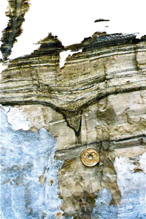 Otro ejemplo de dique neptúnico en sedimentos turbidíticos, relleno por varvas lacustres deformadas (foto: M.A. Rodríguez-Pascua)