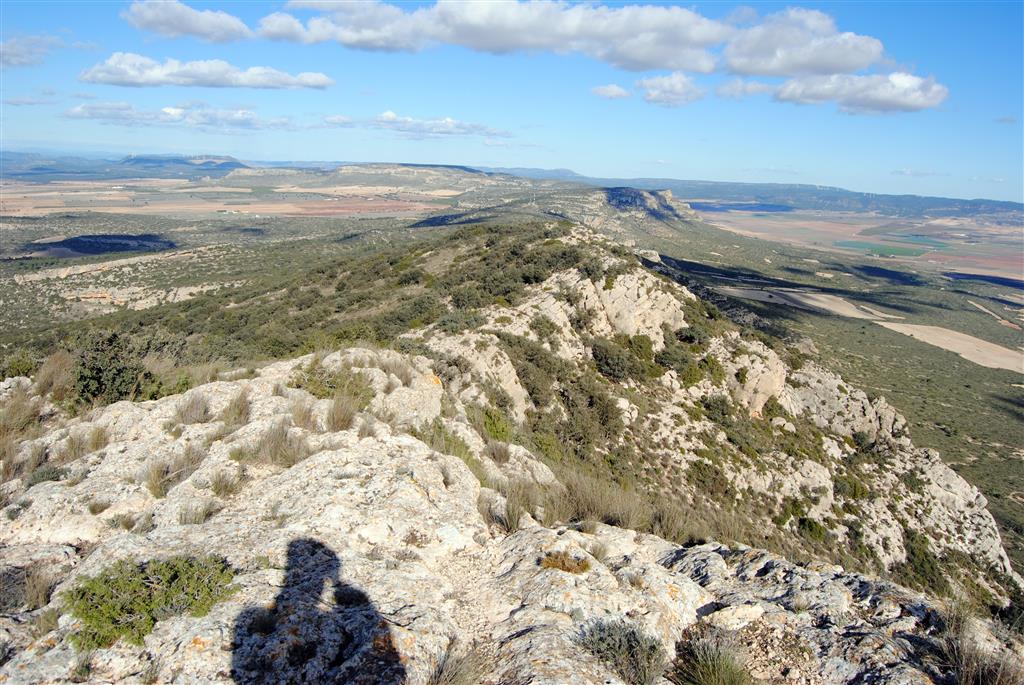 Panorámica hacia el NE de la línea de cumbres de la sierra del Mugrón, donde se aprecia la estratificación de las biolititas algales y de briozoos del Miembro superior