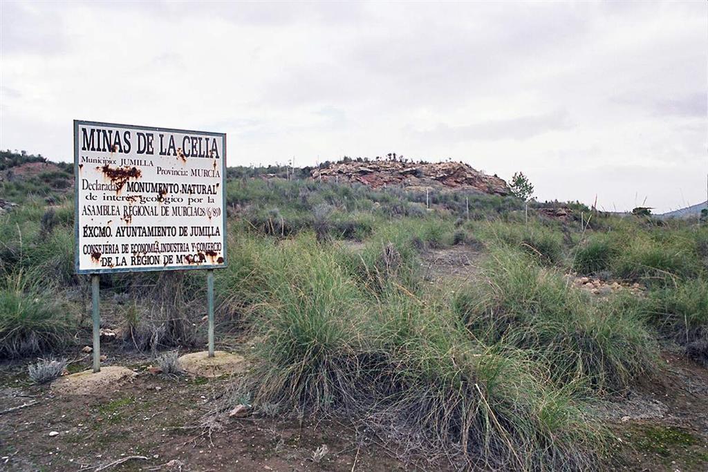 Cartel informativo sobre las Minas de La Celia. (Declaradas monumento natural de interés geológico por la asamblea de la Comunidad de Murcia, 28-jun-1989) (Foto F. Bellido)