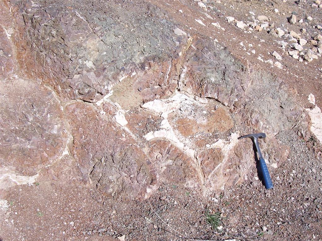 Lavas almohadilladas que afloran en Cabeza Montosa al este de Huelma (Jaén). Se observan intercalaciones de sedimento pelágico de edad jurásica rellenando los huecos que quedaron entre las almohadillas volcánicas.