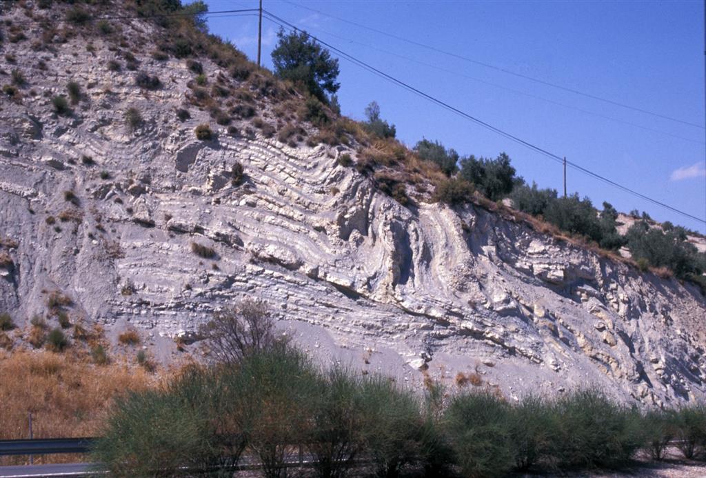 Slump en las calizas margosas y margas de la Formación Carretero (Cretácico Inferior). Se observa nítidamente la superficie de despegue, oblícua a la estratificación infrayacente, a la que corta, mientras que la sucesión de calizas y margas que fosiliza el pliegue sinsedimentario (arriba a la izquierda) es paralela a la anterior. Autovía Jaén – Granada, km 70,4.