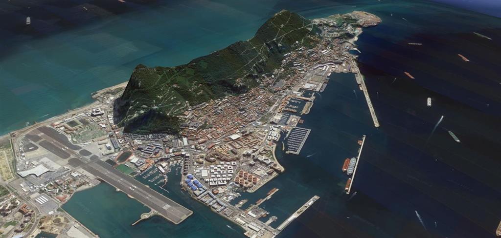 Vista aérea del Peñón de Gibraltar. © 2017.Google. Data SIO, NOAA, U.S. Navy, NGA, GEBCO
