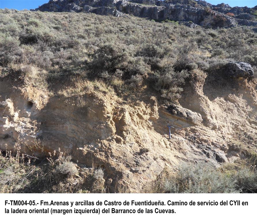 Fm. Arenas y arcillas de Castro de Fuentidueña. Camino de servicio del CYII en la ladera oriental (margen izquierda) del Barranco de las Cuevas.