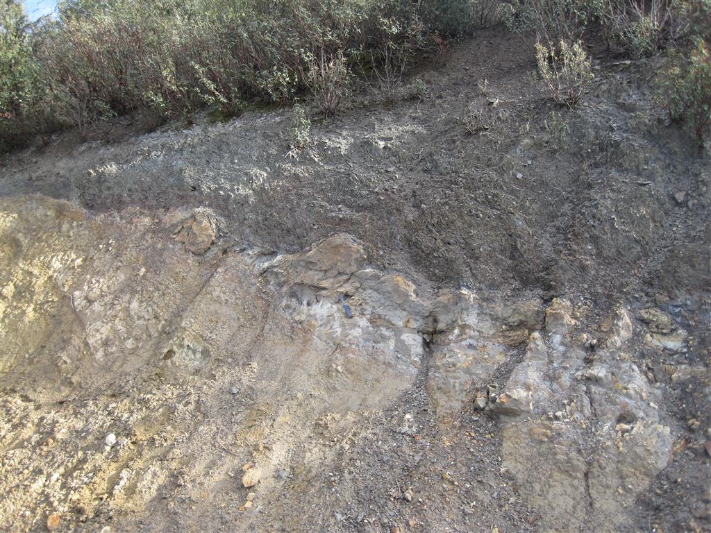 Talud de la carretera M-131. Se observa el contacto por falla de las pizarras negras (Paleozoico) sobre las arenas amarillentas del Cretácico 