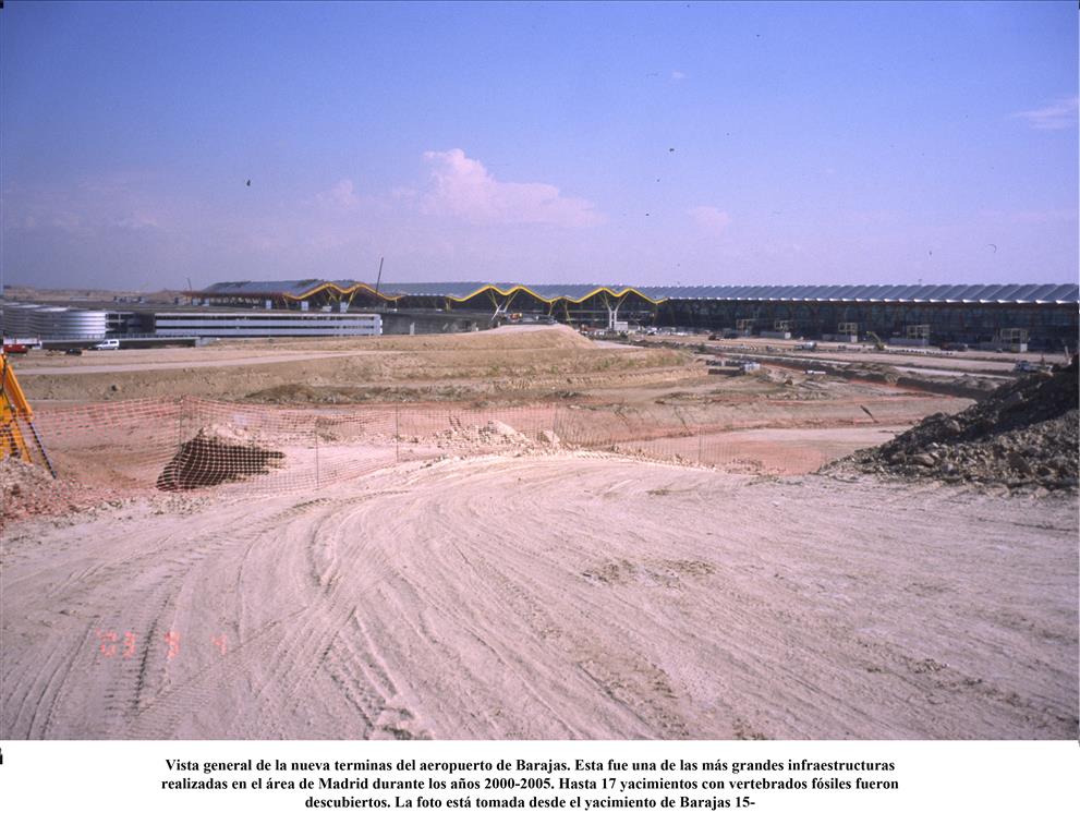 Vista general de la nueva terminal del aeropuerto de Barajas. Esta fue una de las más grandes infraestructuras realizadas en el área de Madrid durante los años 2000-2005. Hasta 17 yacimientos con vertebrados fósiles fueron descubiertos. La foto está tomada desde el yacimiento de Barajas 15